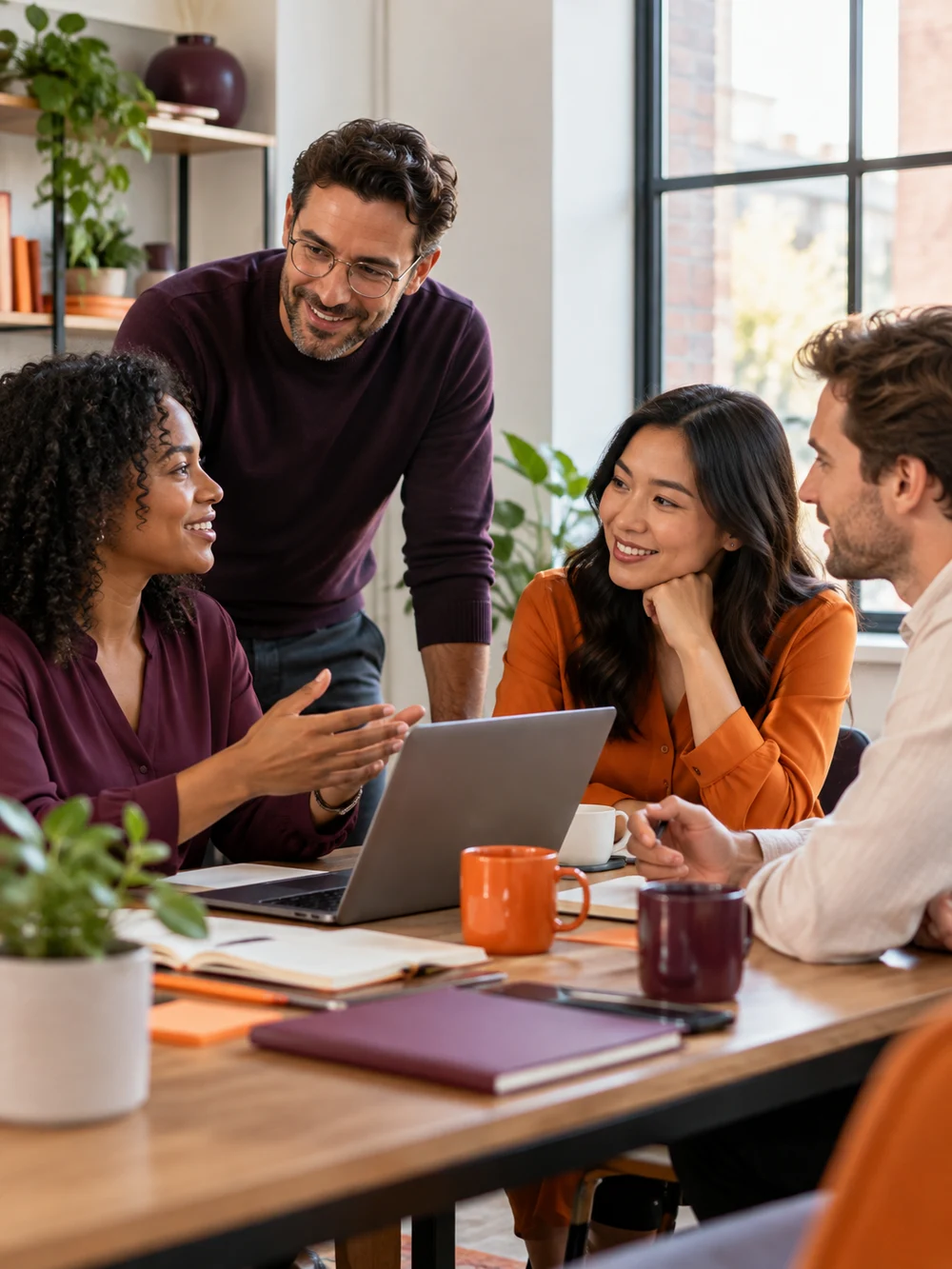 A company team collaborating in a bright office