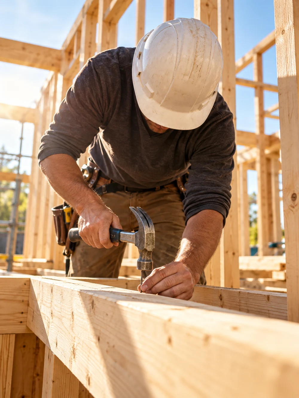 A tradesperson working on a timber-frame construction site