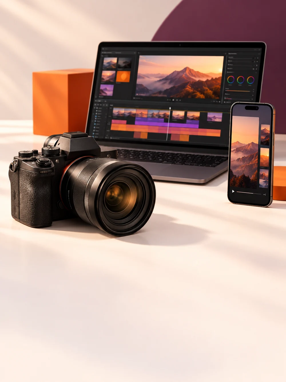 The camera, editing screen, and phone behind your next social post