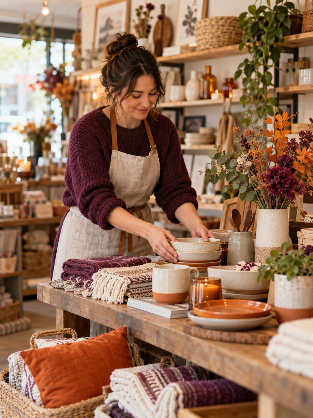 An independent shop owner arranging products