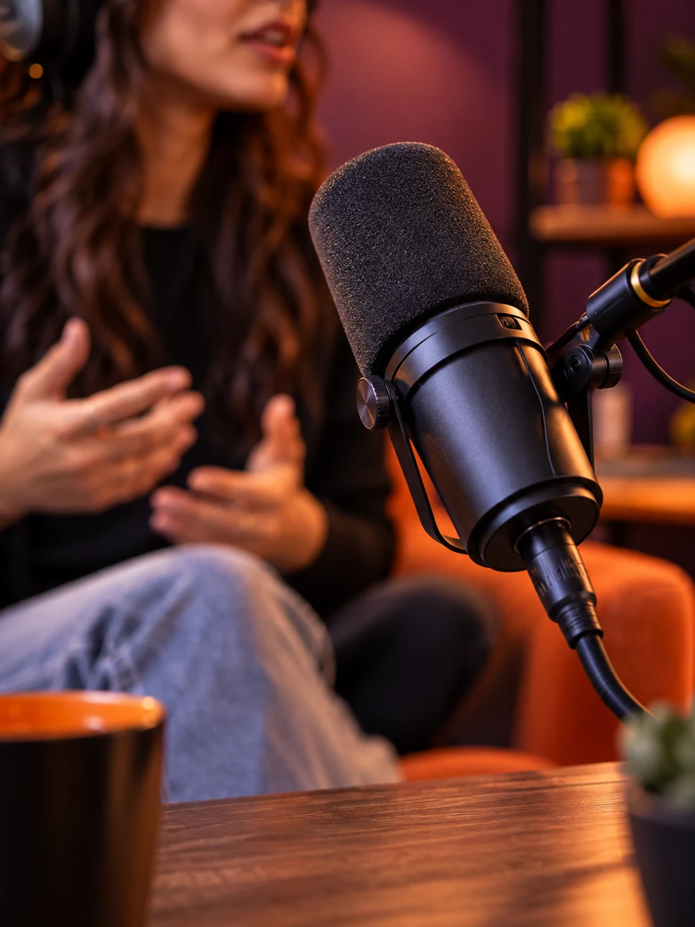 A speaker at a podcast microphone