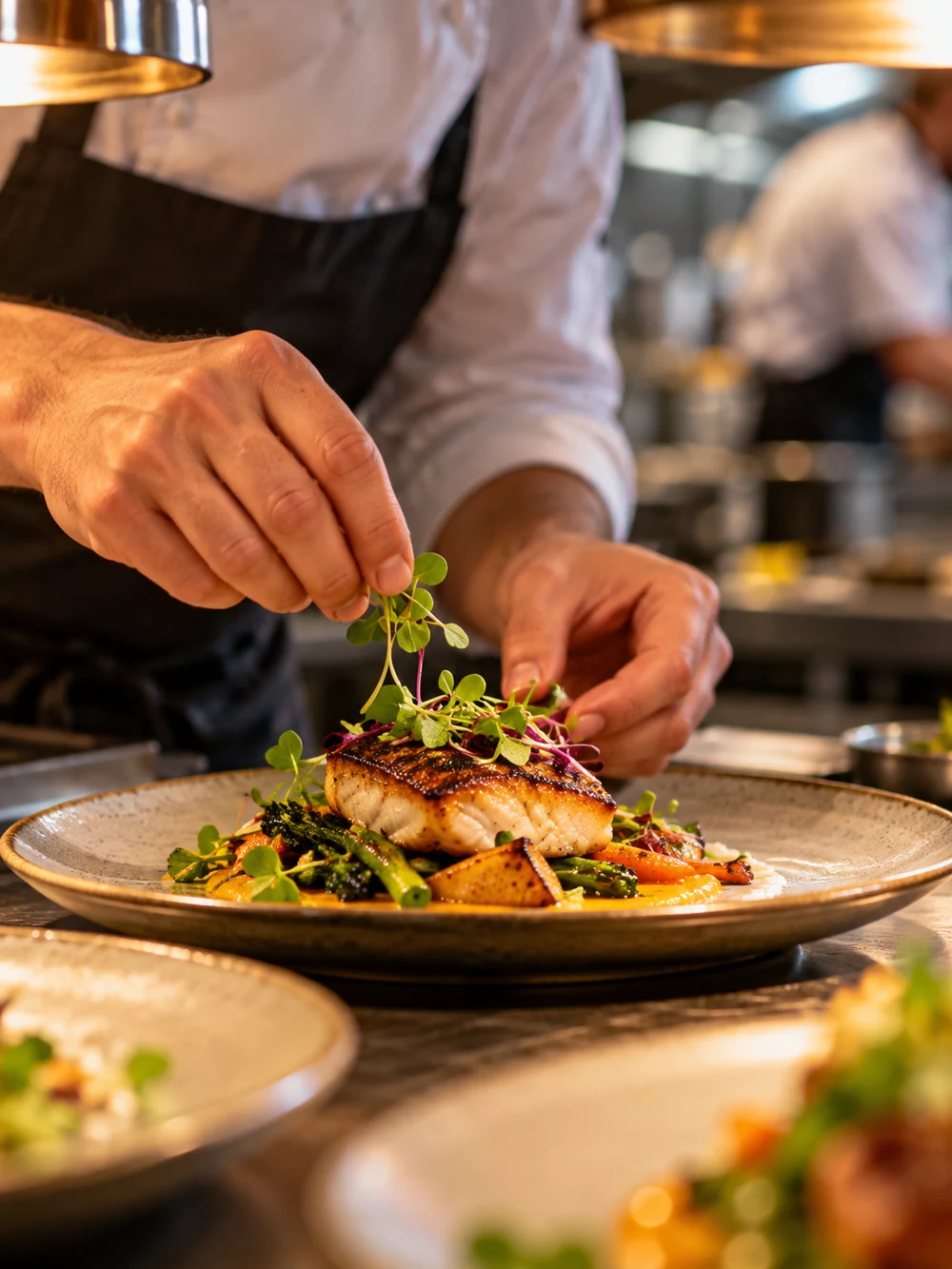 A chef plating a meal at a restaurant